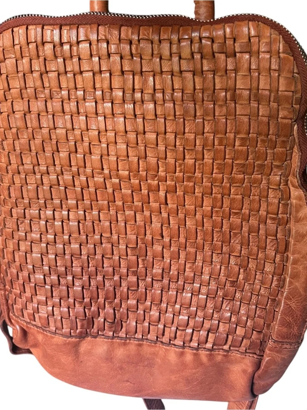 Vilenca Holland Cognac Brown Genuine Leather Woven Backpack